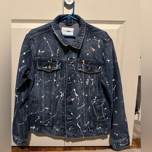 MENS FASHION NOVA SPLATTER PAINT JEAN JACKET LIKE NEW SIZE LARGE 🎨 - Picture 1 of 5